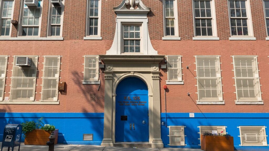 Front view of PS 125 school in NYC, monitored for construction progress with CPM scheduling.