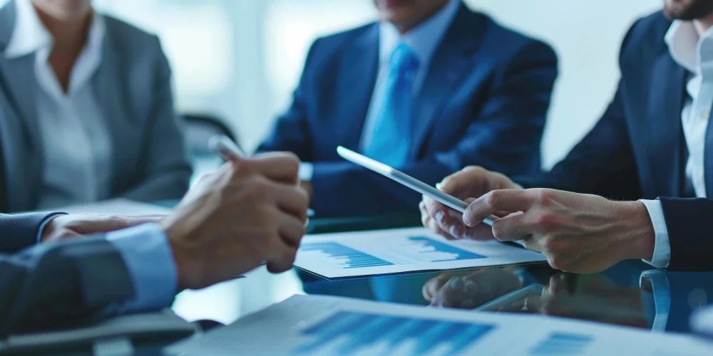 Construction company executives reviewing project data and performance reports