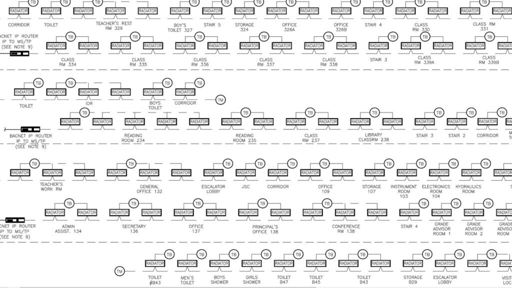 School floor plan blueprint used in CPM scheduling to map out construction phases and project timelines.
