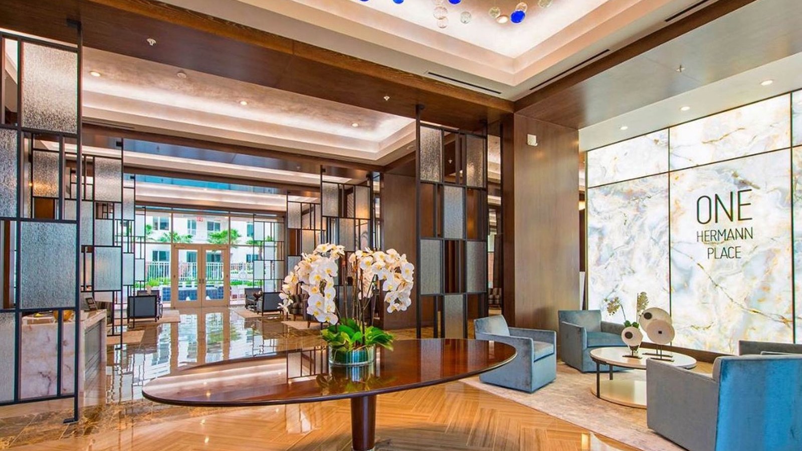 High-end residential lobby completed by luxury construction company